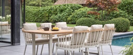 CONDOR DINING TABLE 240CM BASE OYSTER TOP TEAK