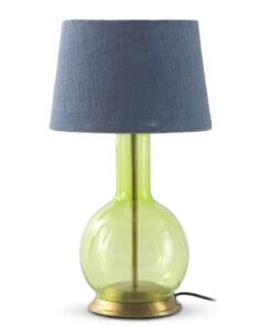 LAMPARA DE SOBREMESA CRISTAL VERDE CON TULIPA DE ALGODON AZUL