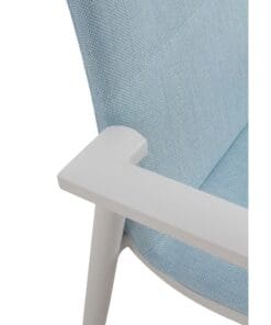 White aluminum armchairs upholstered in light blue. - Image 4
