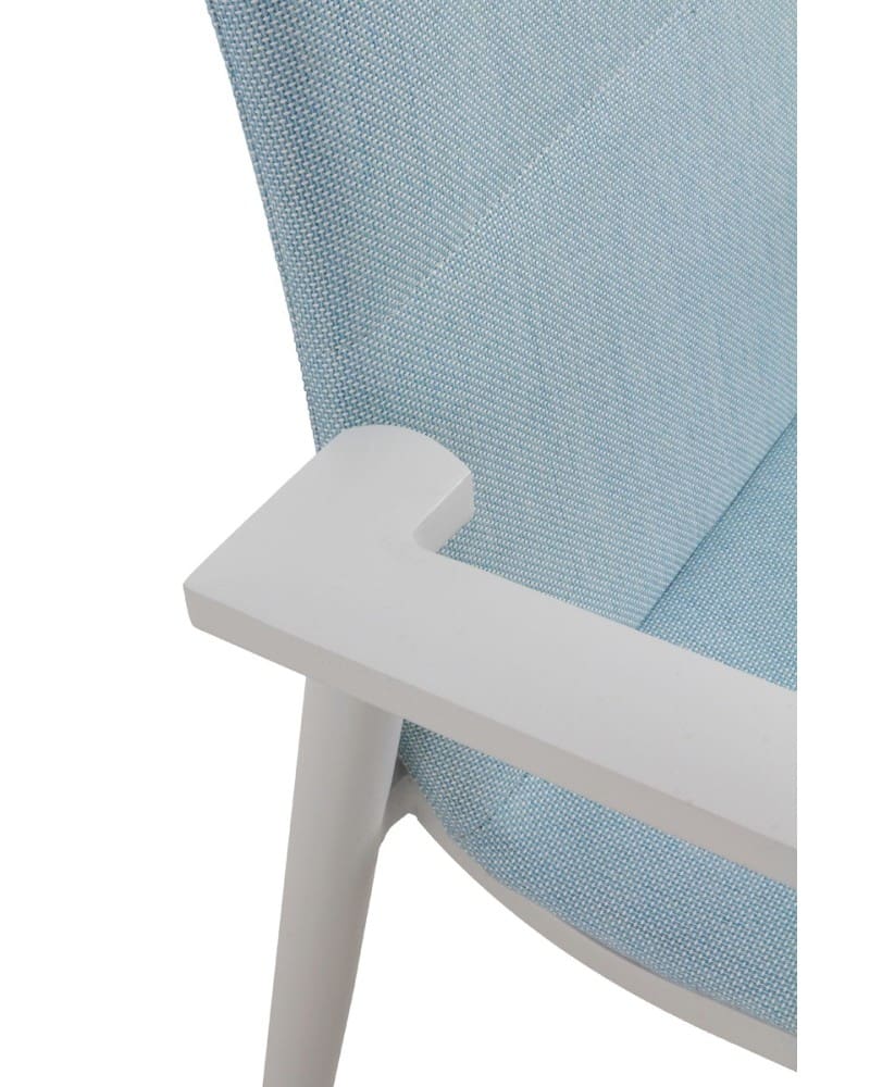 White aluminum armchairs upholstered in light blue. - Image 4