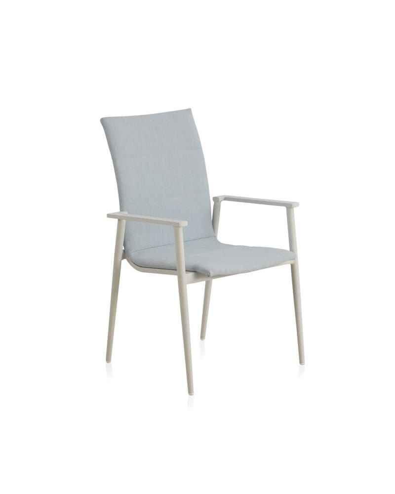 White aluminum armchairs upholstered in light blue. - Image 2