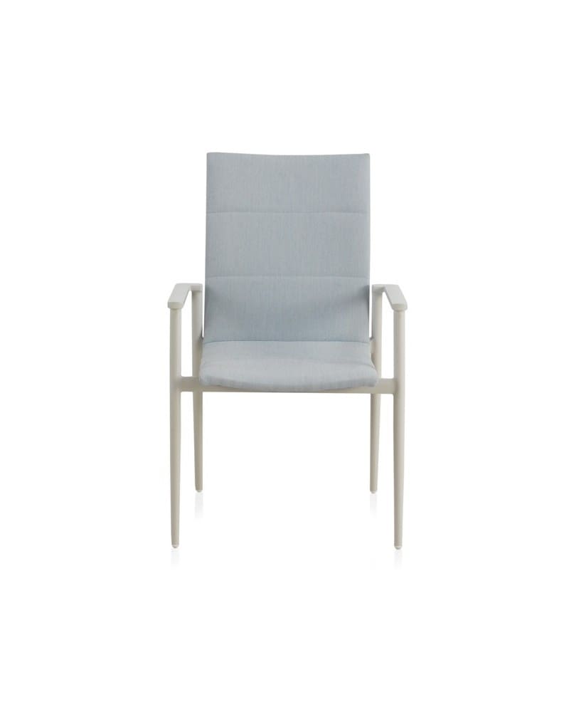 White aluminum armchairs upholstered in light blue. - Image 3