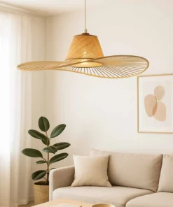 LAMPARA COLGANTE 1L MADERA, FIBRAS NATURALES Y ACERO PINTADO BLANCO Ø80CM
