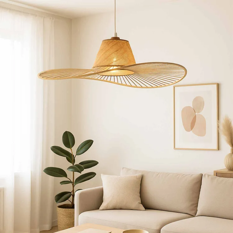 LAMPARA COLGANTE 1L MADERA, FIBRAS NATURALES Y ACERO PINTADO BLANCO Ø80CM