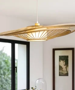 LAMPARA COLGANTE 1L MADERA, TELA TC Y ACERO PINTADO BLANCO Ø70CM